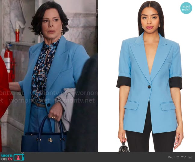Smythe Three-Quarter Sleeve Longline Blazer in Cornflower Blue worn by Margaret Wright (Marcia Gay Harden) on So Help Me Todd