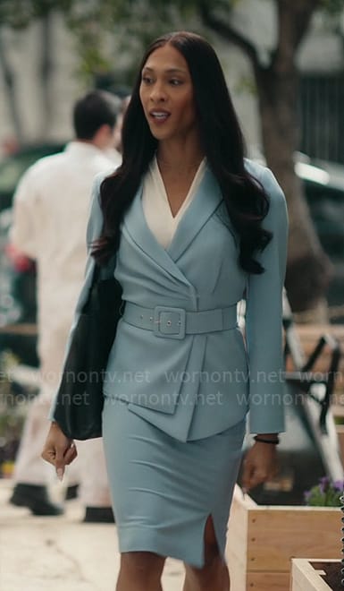 Sofia’s light blue asymmetric belted jacket and pencil skirt on Loot