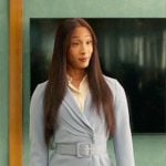 Sofia’s light blue asymmetric belted jacket and pencil skirt on Loot