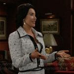 Steffy’s white tweed jacket and skirt with leather trims on The Bold and the Beautiful