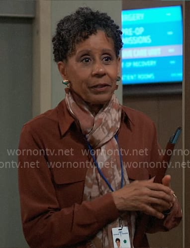Stella’s beige and orange printed scarf on General Hospital