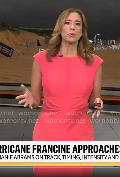 Stephanie Abrams’ coral pink ruched front dress on CBS Mornings