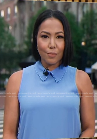 Stephanie’s blue embellished collar sleeveless top on Good Morning America