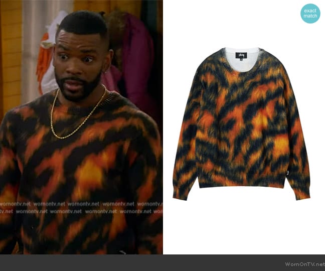 Stussy Printed Fur Sweater Tiger worn by Bernard Upshaw Jr (Jermelle Simon) on The Upshaws