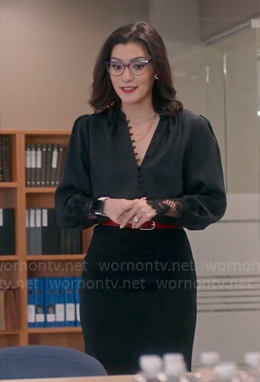 Susan’s black buttoned lace-cuff blouse on So Help Me Todd