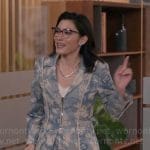 Susan’s blue and white printed blazer and skirt suit on So Help Me Todd