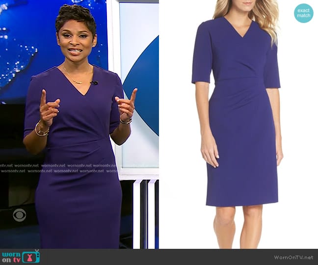 Tahari Scuba Crepe Sheath Dress worn by Jericka Duncan on CBS Evening News