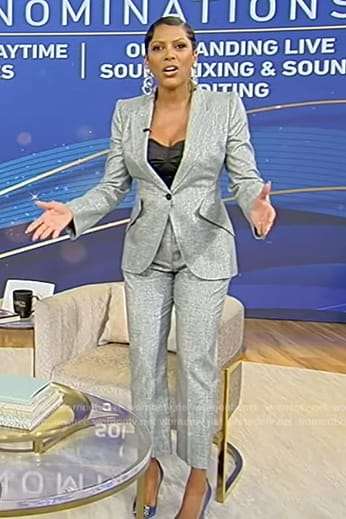Tamron’s gray metallic blazer and pants on Tamron Hall Show