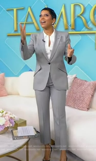 Tamron’s gray metallic blazer and pants on Tamron Hall Show