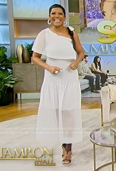 Tamron’s white one shoulder dress on Tamron Hall Show