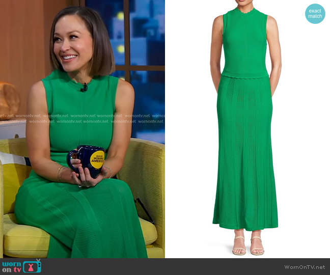 The Kooples Long Green Dress in Openwork Mesh worn by Eva Pilgrim on Good Morning America