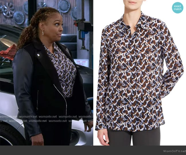 Theory Printed Silk Blouse worn by Regina Upshaw (Kim Fields) on The Upshaws