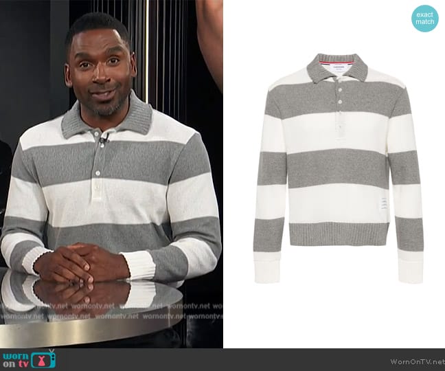Rugby Stripe Cotton Polo Sweater Thom Browne worn by Justin Sylvester on E! News