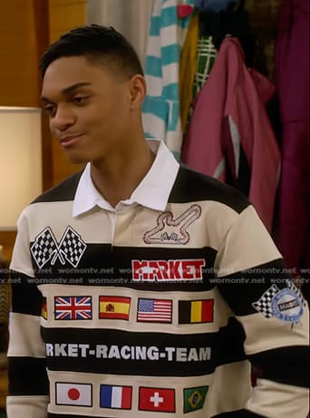 Tristan’s striped patch rugby shirt on The Upshaws