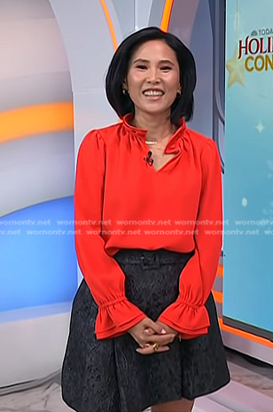 Vicky’s red ruffle blouse and grey skirt on Today