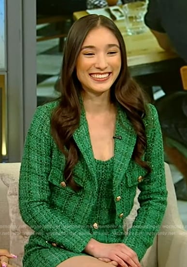 Victoria Chuah’s green tweed blazer and mini skirt on Tamron Hall Show