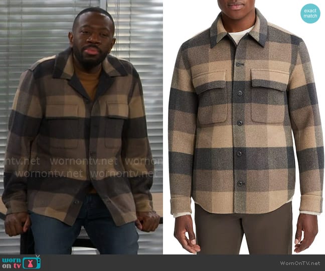 Vince Splittable Plaid Wool-Blend Long-Sleeve Shirt worn by Malcom (Sheaun McKinney) on The Neighborhood