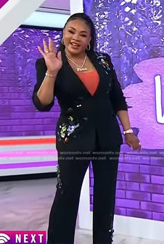 Vivica A. Fox’s black sequin flower blazer and pants on Today