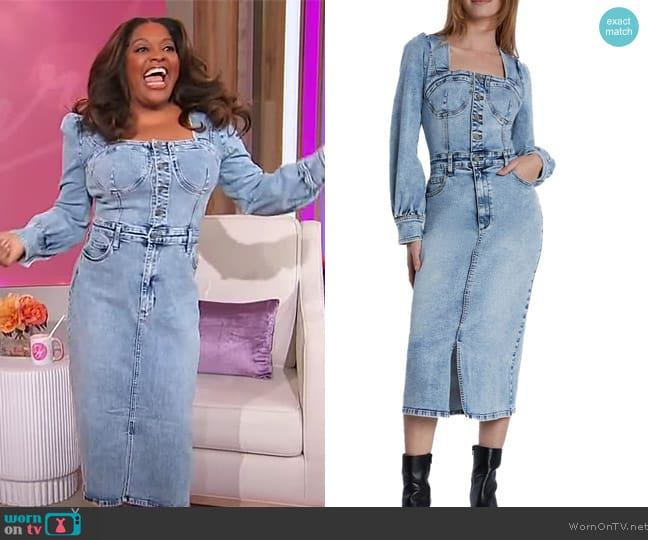 Wash Lab Denim Puff Shoulder Long Sleee Corset Denim Midi Dress worn by Sherri Shepherd on Sherri