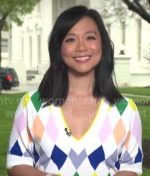 Weijia Jiang’s diamond print sweater on CBS Mornings