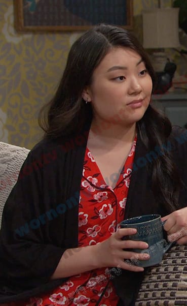 Wendy’s red floral short sleeve pajamas on Days of our Lives