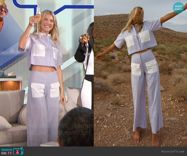 Yellow the Label Petra Recycled Linen Top in Azure worn by Amanda Kloots on The Talk