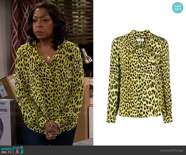 Zadig & Voltaire Taos leopard-print silk shirt worn by Tina Butler (Tichina Arnold) on The Neighborhood