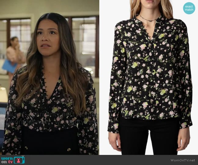 Zadig & Voltaire Twina Rose Print Button-Up Shirt worn by Nell Serrano (Gina Rodriguez) on Not Dead Yet