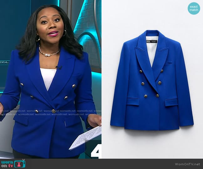 Zara Tailored Double Breasted Blazer in Bluish worn by Kay Angrum on NBC News Daily