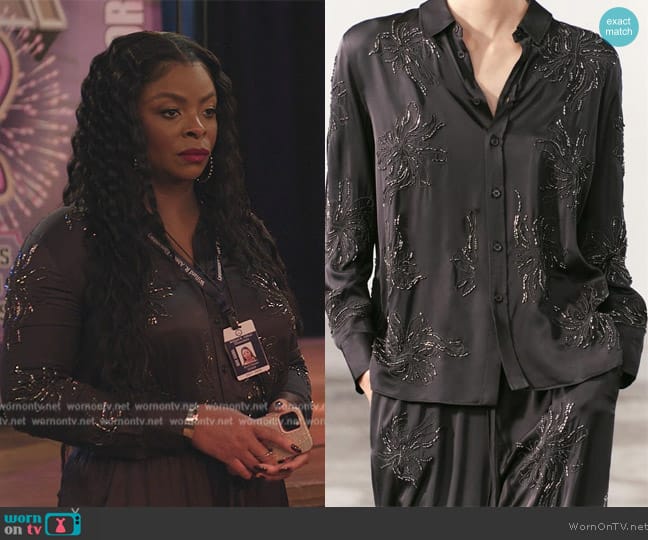 Zara Embroidered Beaded Shirt worn by Ava Coleman (Janelle James) on Abbott Elementary