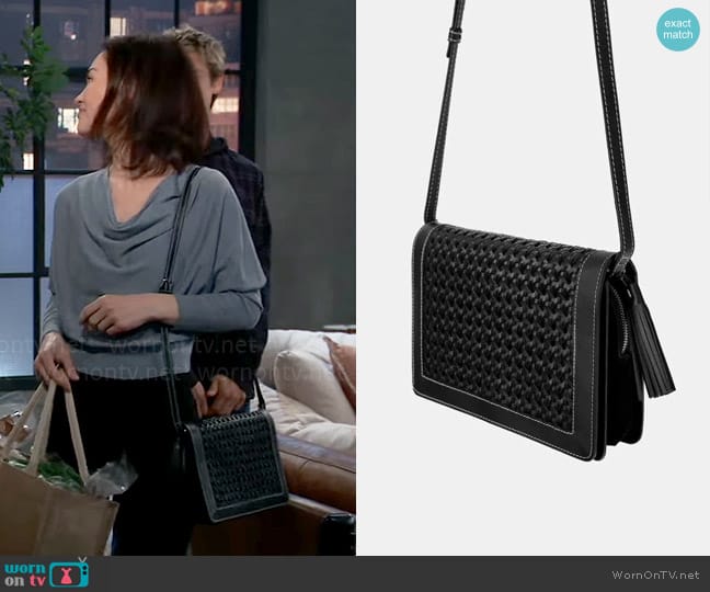 Zara Plaited Crossbody Bag worn by Elizabeth Webber (Rebecca Herbst) on General Hospital