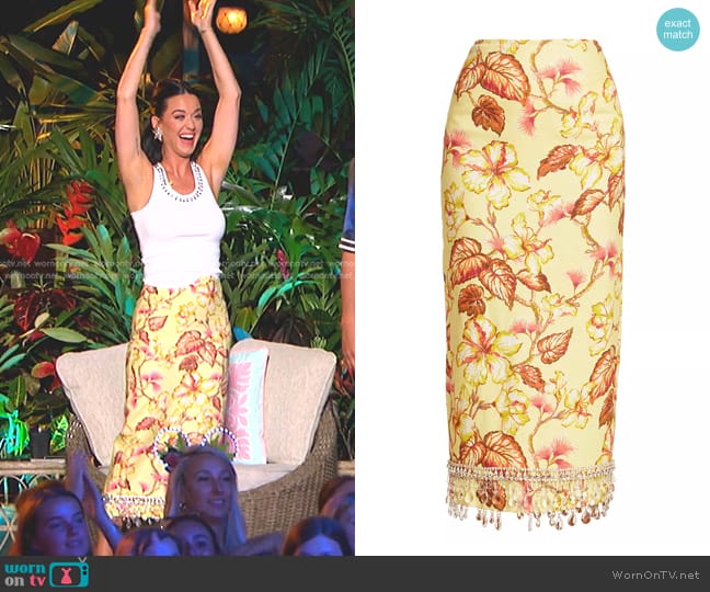 Zimmermann Matchmaker Floral Diamante Skirt in Yellow Hibiscus worn by Katy Perry on American Idol
