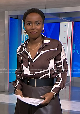 Zinhle Essamuah’s brown geometric print blouse on NBC News Daily