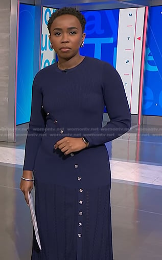 Zinhle’s navy asymmetric button dress on NBC News Daily