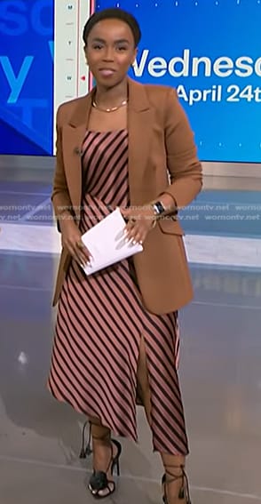 Zinhle’s pink striped dress and brown blazer on NBC News Daily