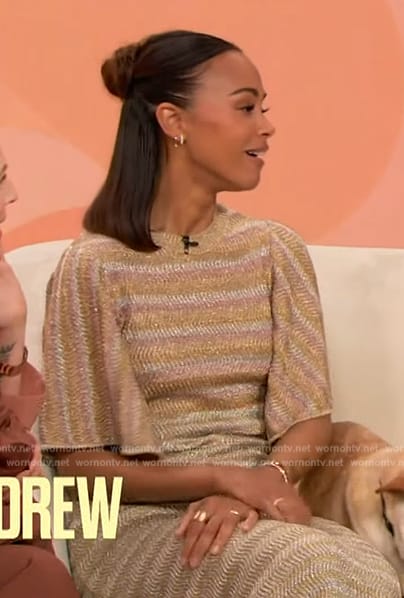 Zoe Saldana’s metallic stripe dress on The Drew Barrymore Show