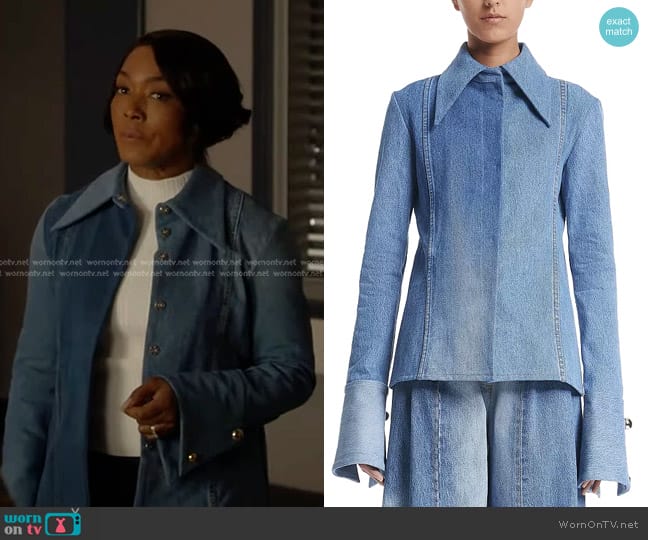 A.W.A.K.E. MODE Fitted Denim Shirt in Blue Denim worn by Athena Grant (Angela Bassett) on 9-1-1