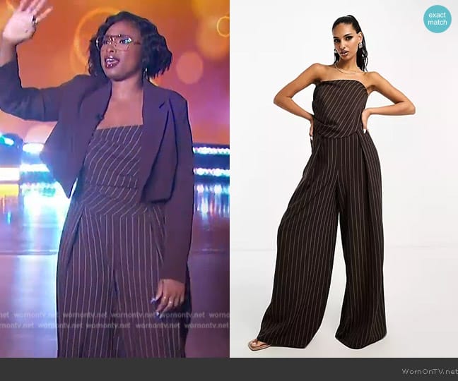 ASOS Bandeau Jumpsuit in chocolate pinstripe worn by Jennifer Hudson on The Jennifer Hudson Show