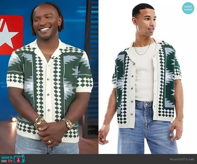 Asos Relaxed Knit Button Up Polo in stone and blue with geometric border pattern worn by Scott Evans on Access Hollywood