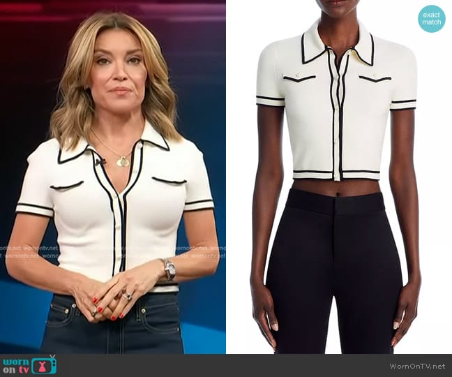 Alice + Olivia Marlena Knit Contrast-Trim Shirt in Ecru Black worn by Kit Hoover on Access Hollywood