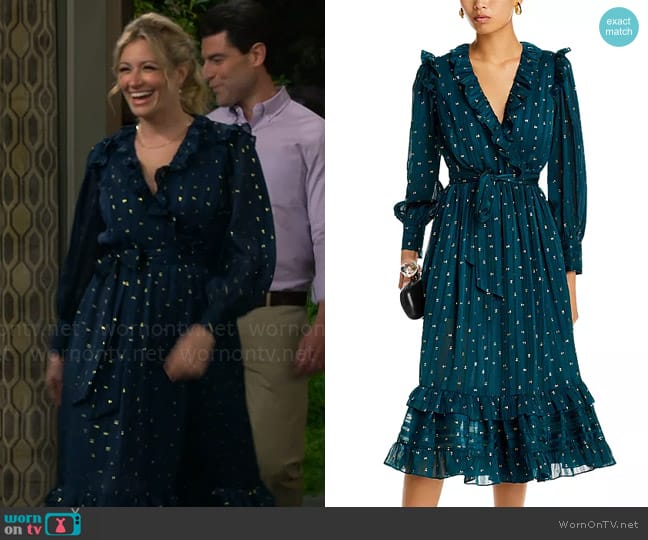 Aqua Ruffle Trim Clip Dot Midi Wrap Dress in Green worn by Gemma (Beth Behrs) on The Neighborhood