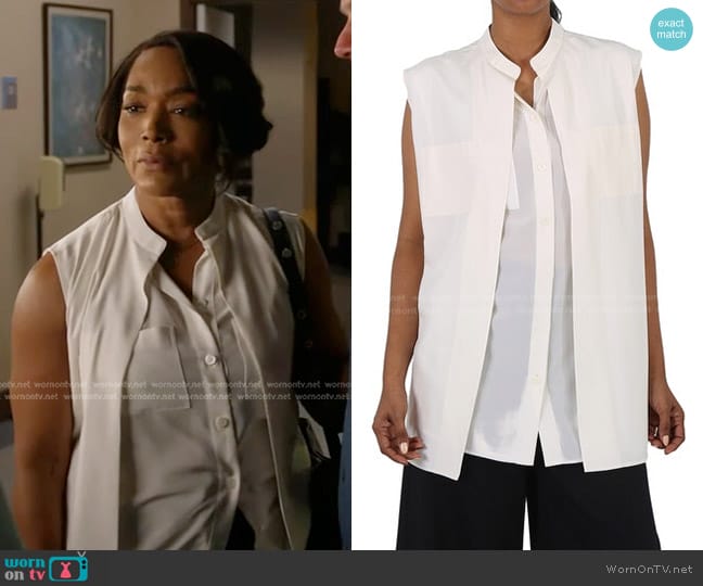 Burberry Suziesl Crepe De Chine Logo Detail Sleeveless Silk Shirt in Neutral White worn by Athena Grant (Angela Bassett) on 9-1-1