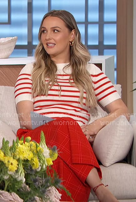 Camilla Luddington’s red striped top and plaid pants on The Talk