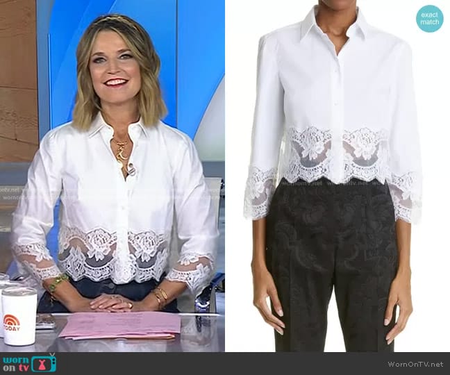 Dolce & Gabbana Floral Lace Crop Button-Up Shirt in Optic White worn by Savannah Guthrie on Today