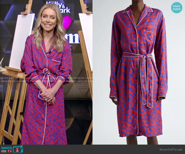 Dries Van Noten Print Long Sleeve Shirtdress in Red 352 worn by Kelly Ripa on Live with Kelly and Mark