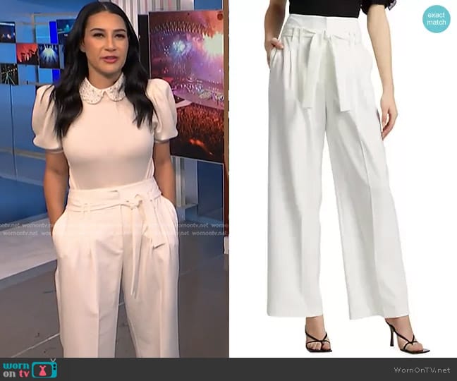 Elie Tahari Crepe Wide Leg Trousers in Sky White worn by Morgan Radford on NBC News Daily