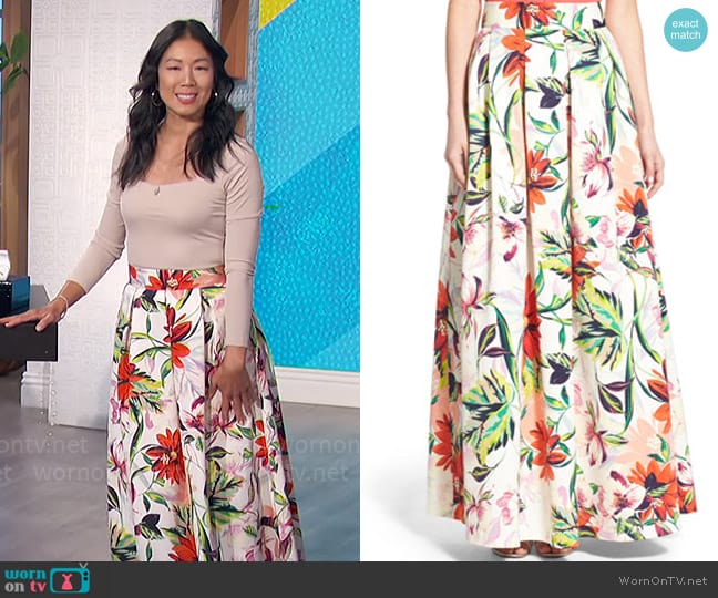 Eliza J Floral Print Faille Ball Skirt worn by Chi-Lan Lieu on The Talk