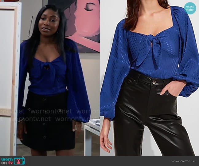 Express Satin Jacquard Tie Front Thong Bodysuit worn by Trina Robinson (Tabyana Ali) on General Hospital