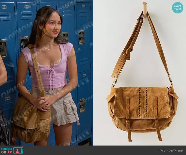 Free People Zevon Distressed Messenger Bag in Desert Dune worn by Sophia Choi (Madelyn Kientz) on Days of our Lives