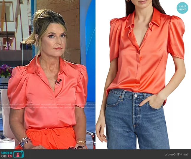 Generation Love Melinda Short-Sleeve Satin Blouse in Apricot worn by Savannah Guthrie on Today